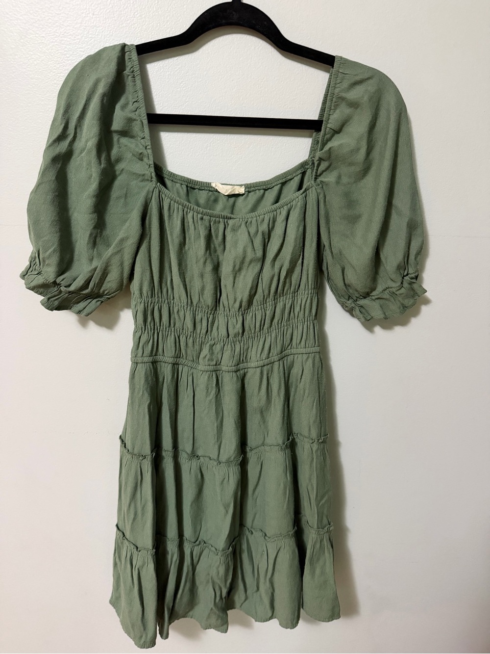 Altar’d State Sage Green Puff Sleeve Tiered Mini Dress Cottagecore